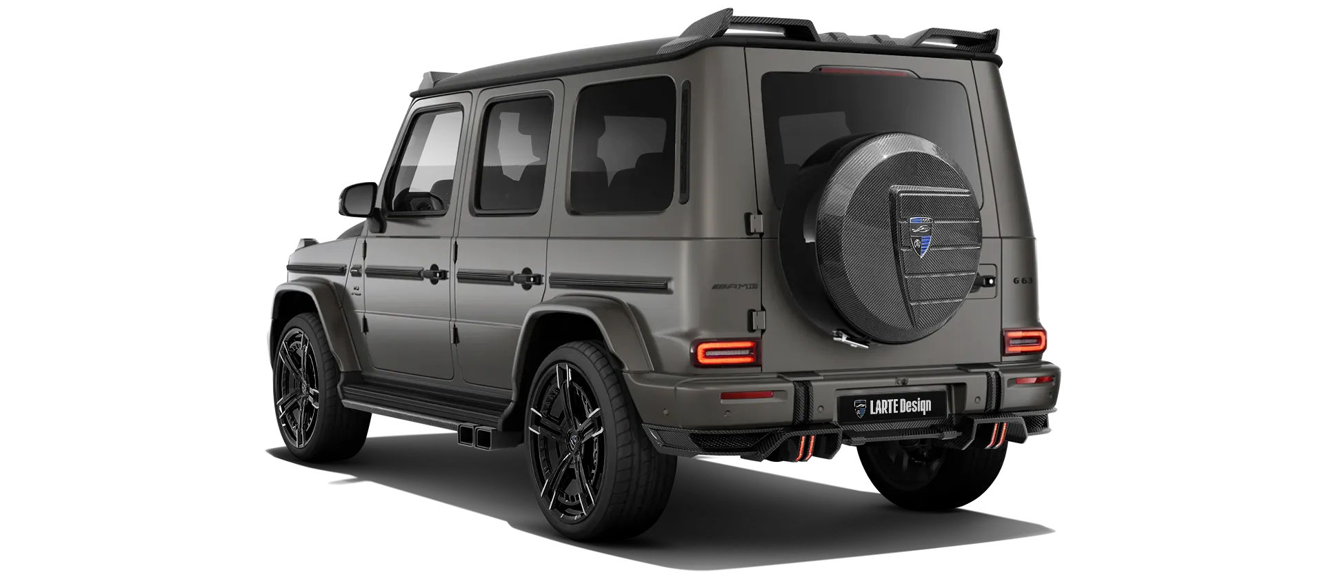 MERCEDES G 63 W463 FACELIFT 2024 - 2026 mit Karbon-Karosserie-Kit: Rückansicht in Monza Grey