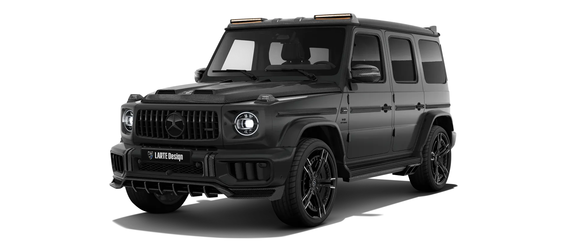 MERCEDES G 63 W463 FACELIFT 2024 - 2026 with carbon body kit: front view shown in Night Black Magno