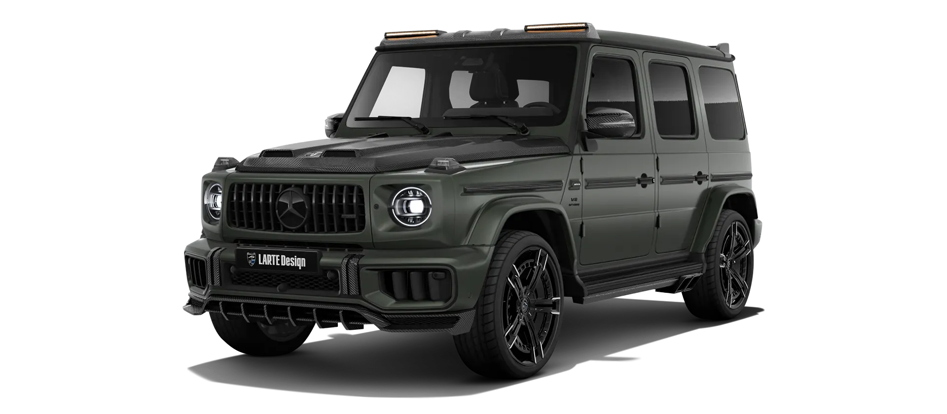 MERCEDES G 63 W463 FACELIFT 2024 - 2026 with carbon body kit: front view shown in Olive Magno