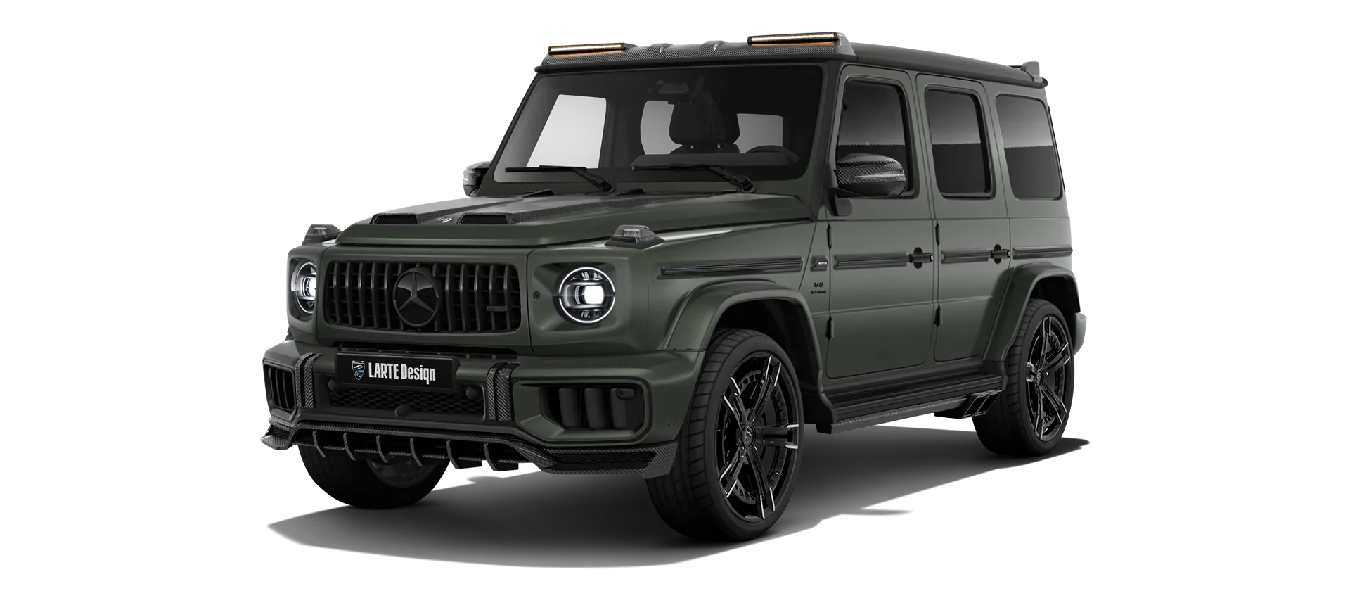 MERCEDES G 63 W463 FACELIFT 2024 - 2026 with painted body kit: front view shown in Olive Magno