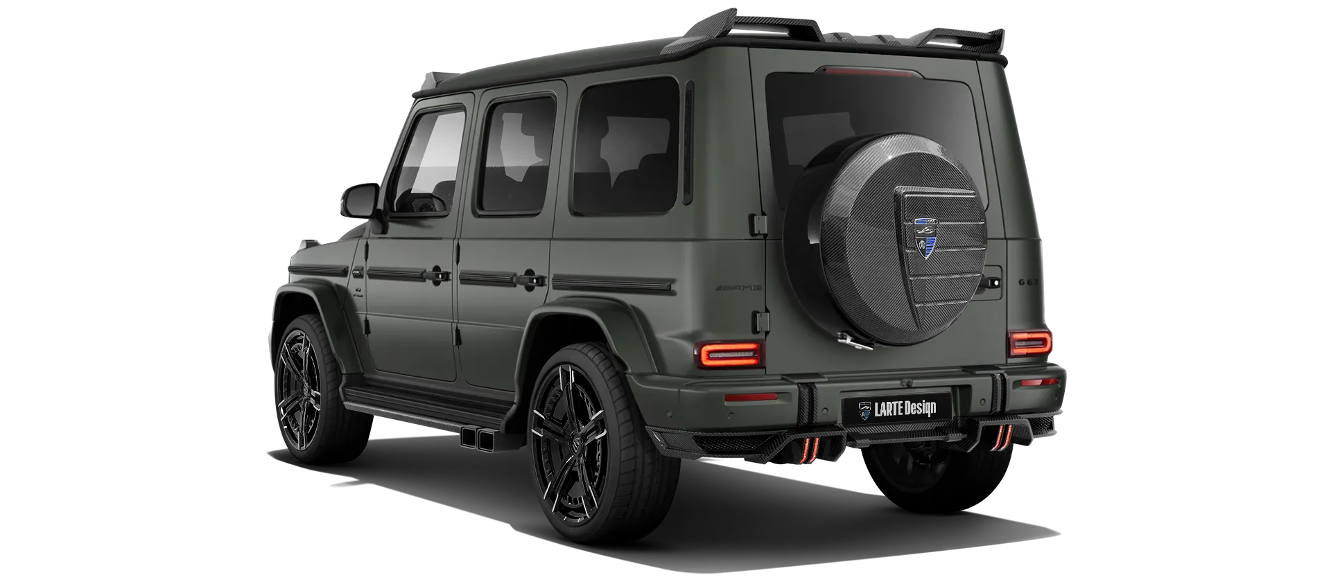 MERCEDES G 63 W463 FACELIFT 2024 - 2026 with carbon body kit: back view shown in Olive Magno