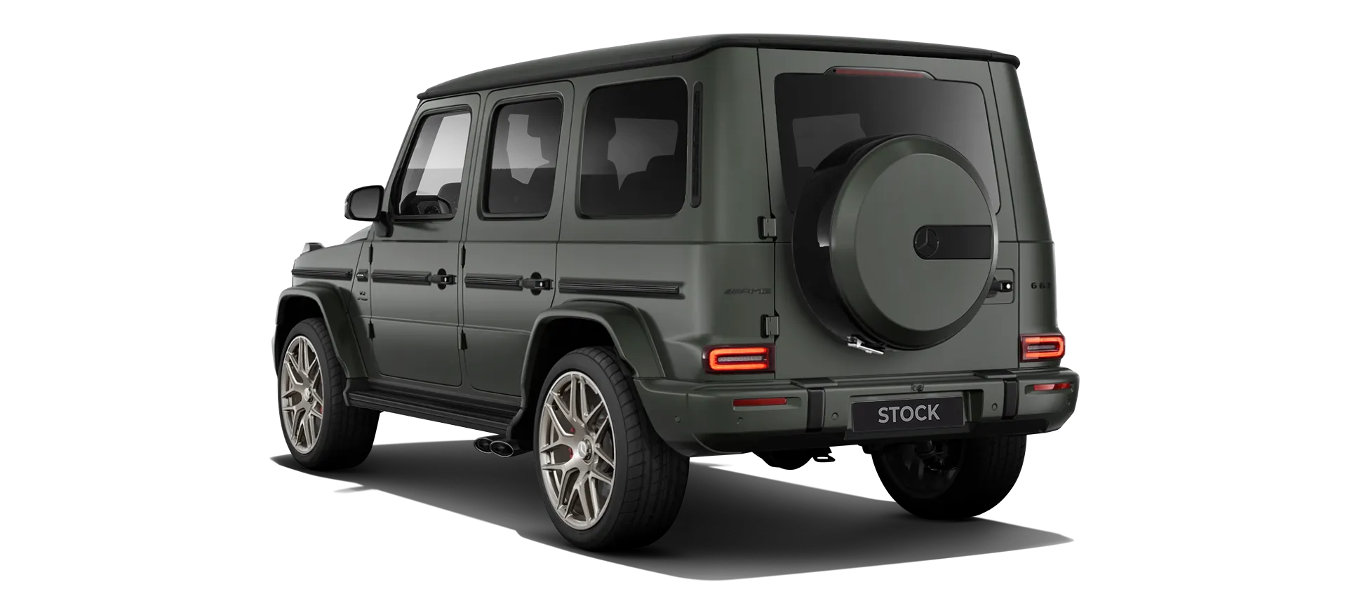 MERCEDES G 63 W463 FACELIFT 2024 - 2026 stock rear view in Olive Magno color