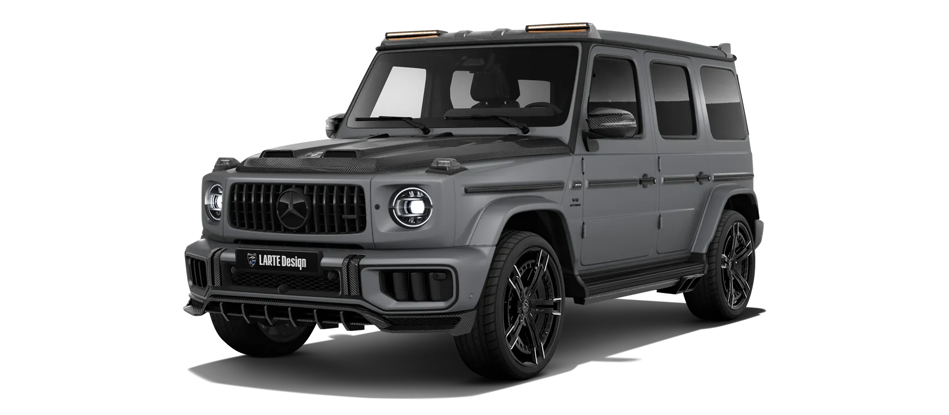 MERCEDES G 63 W463 FACELIFT 2024 - 2026 with carbon body kit: front view shown in Platinum Magno