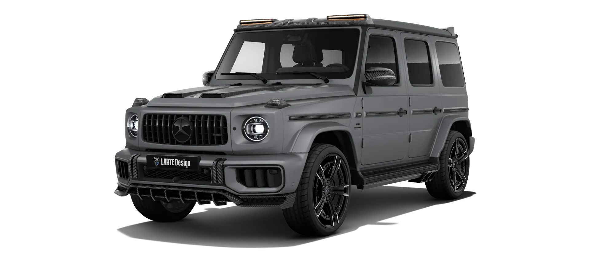 MERCEDES G 63 W463 FACELIFT 2024 - 2026 with painted body kit: front view shown in Platinum Magno