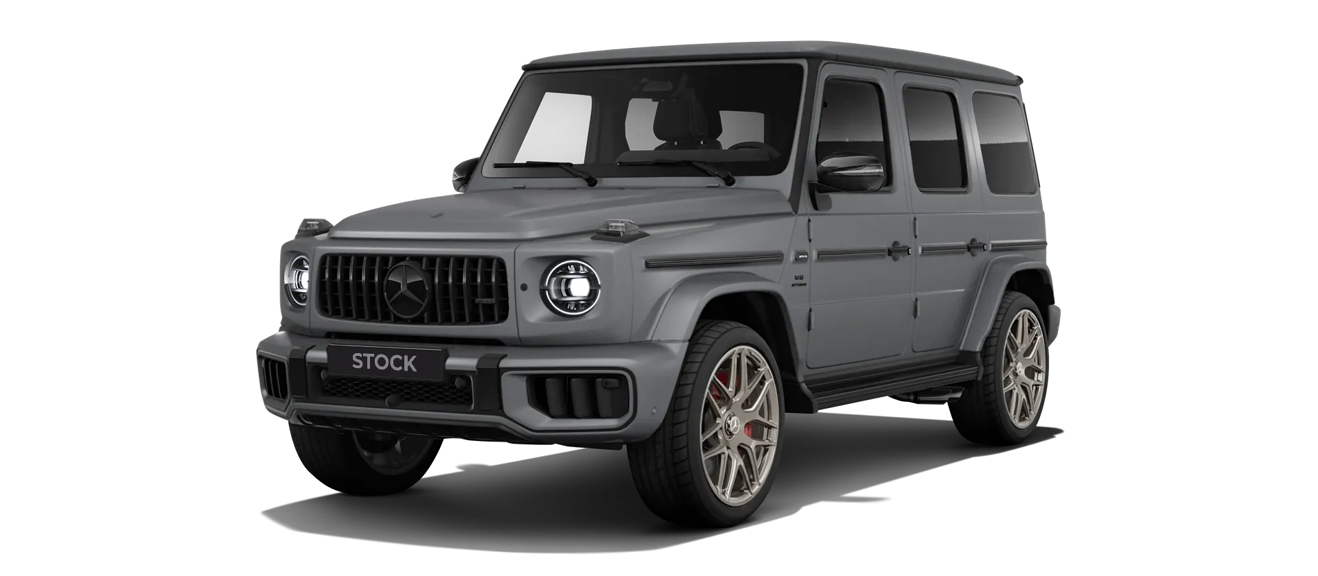 MERCEDES G 63 W463 FACELIFT 2024 - 2026 stock front view in Platinum Magno color