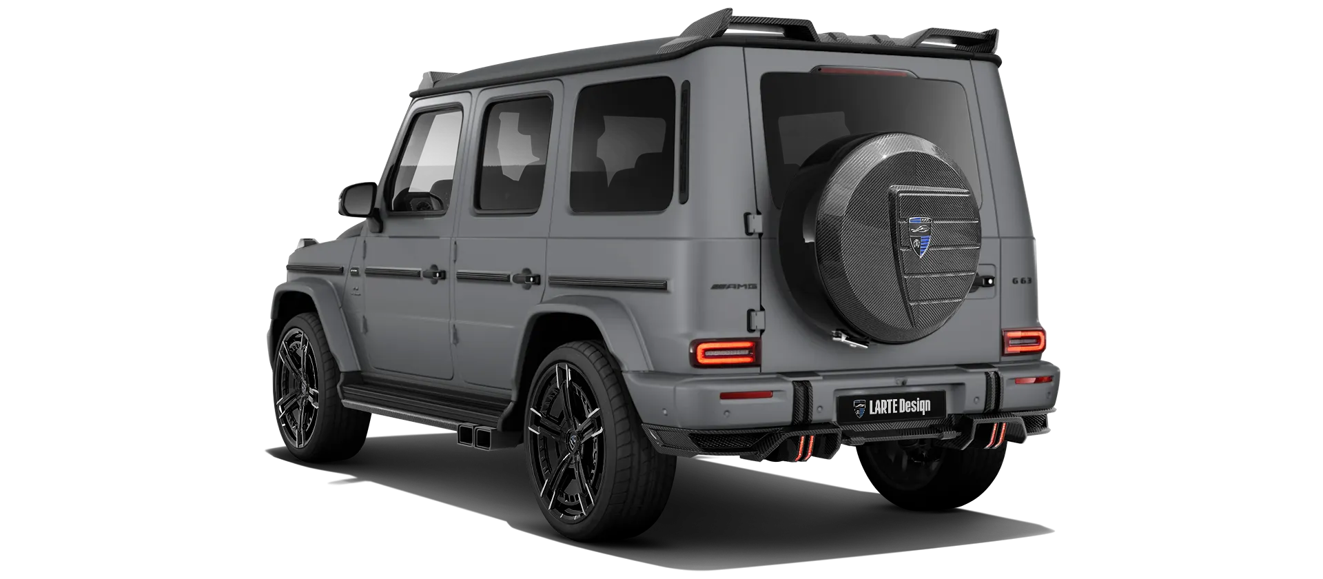 MERCEDES G 63 W463 FACELIFT 2024 - 2026 with carbon body kit: back view shown in Platinum Magno