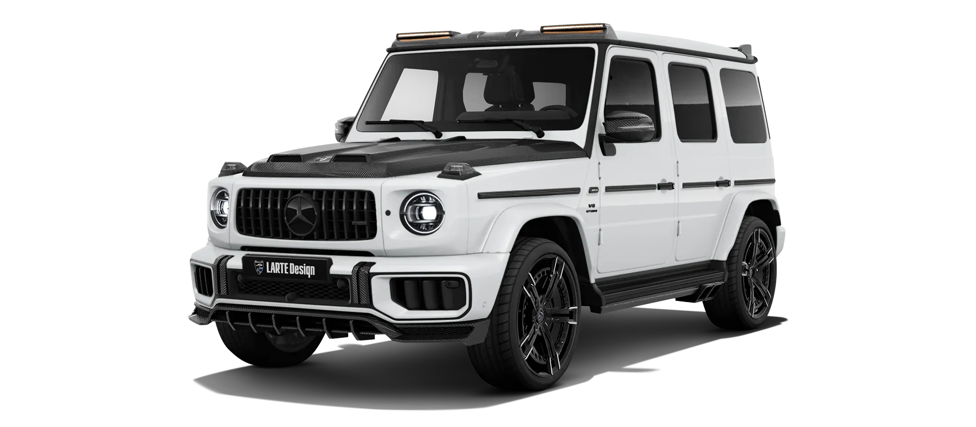 MERCEDES G 63 W463 FACELIFT 2024 - 2026 with carbon body kit: front view shown in Polar White