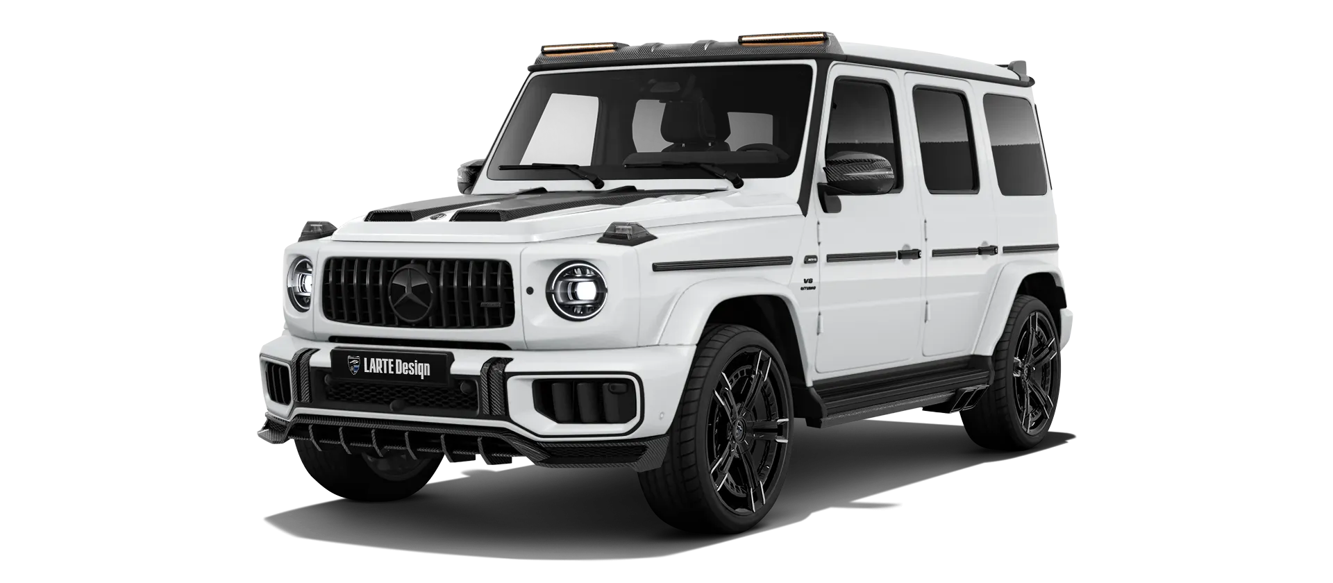 MERCEDES G 63 W463 FACELIFT 2024 - 2026 with painted body kit: front view shown in Polar White