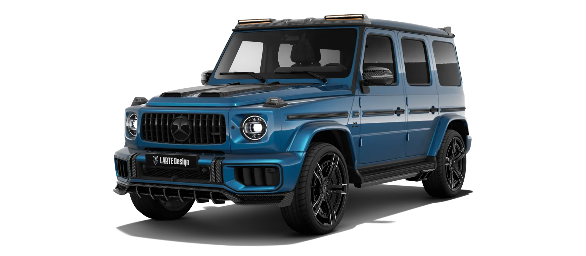 MERCEDES G 63 W463 FACELIFT 2024 - 2026 with painted body kit: front view shown in South Sea Blue