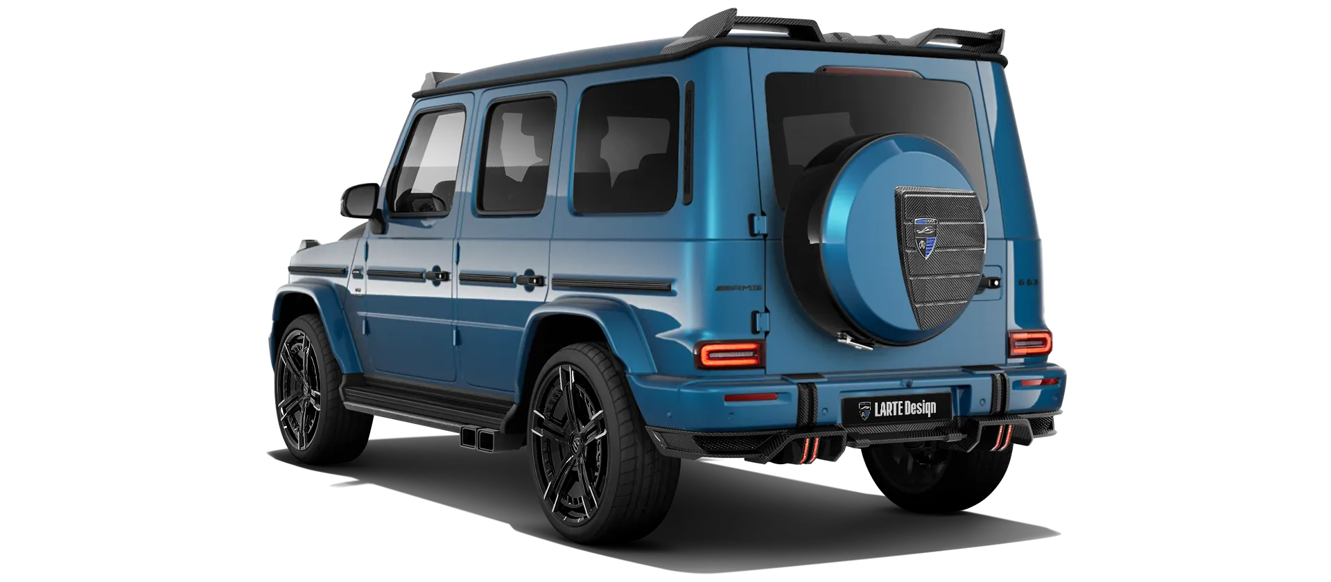 MERCEDES G 63 W463 FACELIFT 2024 - 2026 with painted body kit: rear view shown in South Sea Blue