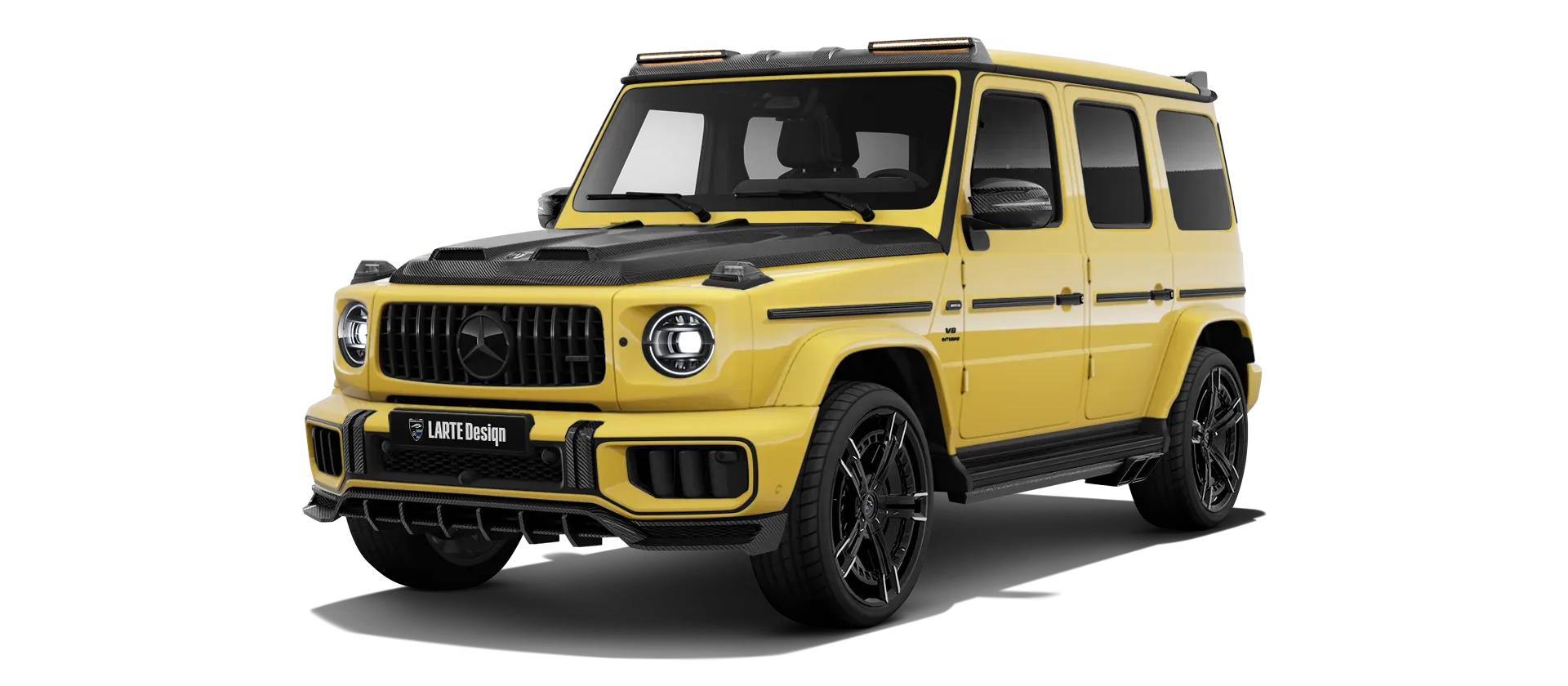 MERCEDES G 63 W463 FACELIFT 2024 - 2026 with carbon body kit: front view shown in Sun Yellow