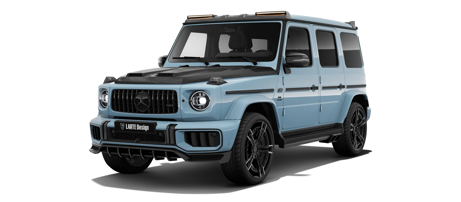 MERCEDES G 63 W463 FACELIFT 2024 - 2026 with carbon body kit: front view shown in Vintage Blue