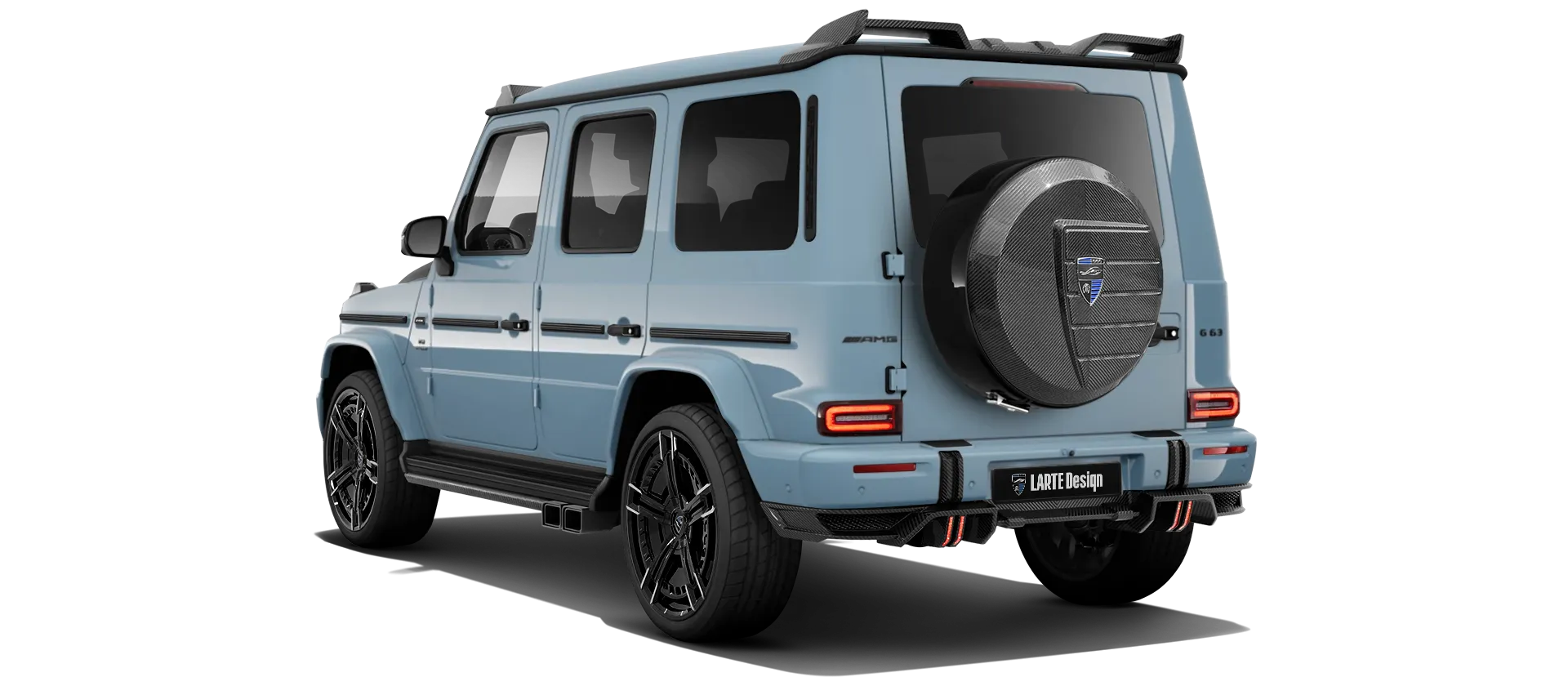 MERCEDES G 63 W463 FACELIFT 2024 - 2026 with carbon body kit: back view shown in Vintage Blue