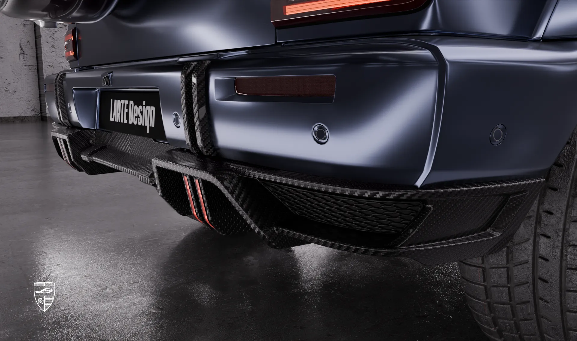 Rear bumper overlay upgrade for the family car Mercedes AMG 63 G-Class Facelift from LARTE Design