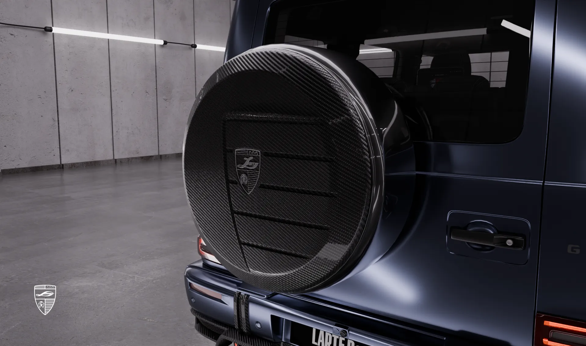 Spare wheel cover upgrade for the luxury car Mercedes AMG 63 G-Class Facelift from LARTE Design