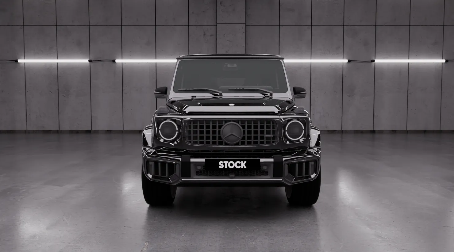 Front view on a MERCEDES G 63 W463 FACELIFT 2024 - 2026 with a body kit giving the car a custom appearance