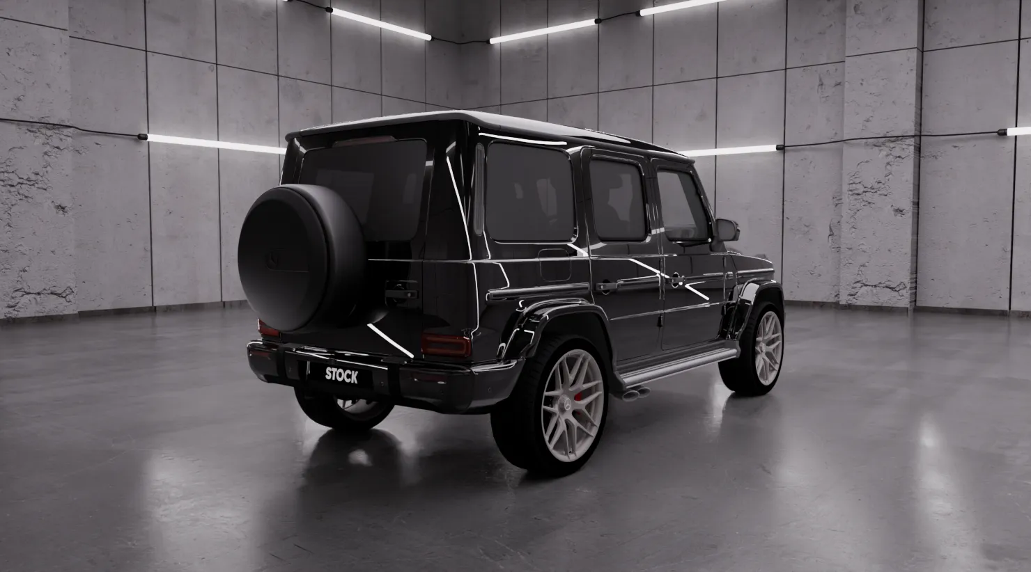Rear angle view on a MERCEDES G 63 W463 FACELIFT 2024 - 2026 with a body kit giving the car a custom appearance