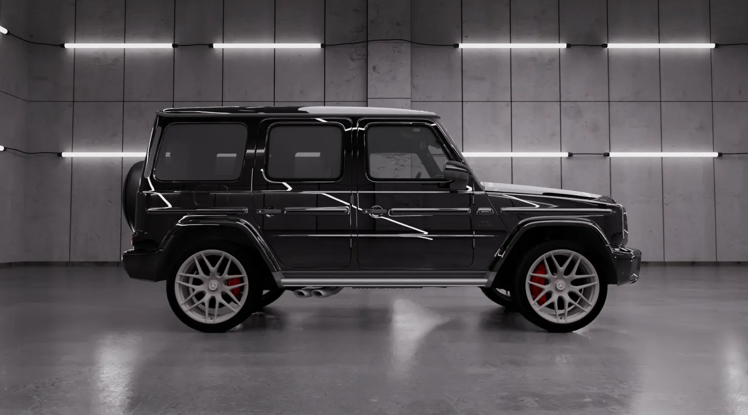 Side view on a MERCEDES G 63 W463 FACELIFT 2024 - 2026 with a body kit giving the car a custom appearance