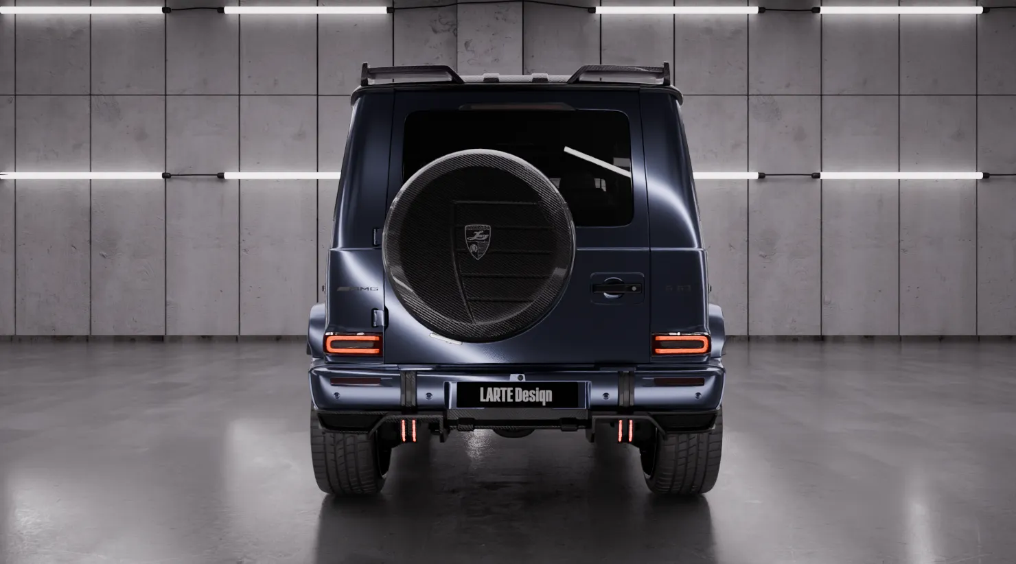Rear view on a MERCEDES G 63 W463 FACELIFT 2024 - 2026 with a body kit giving the car a custom appearance