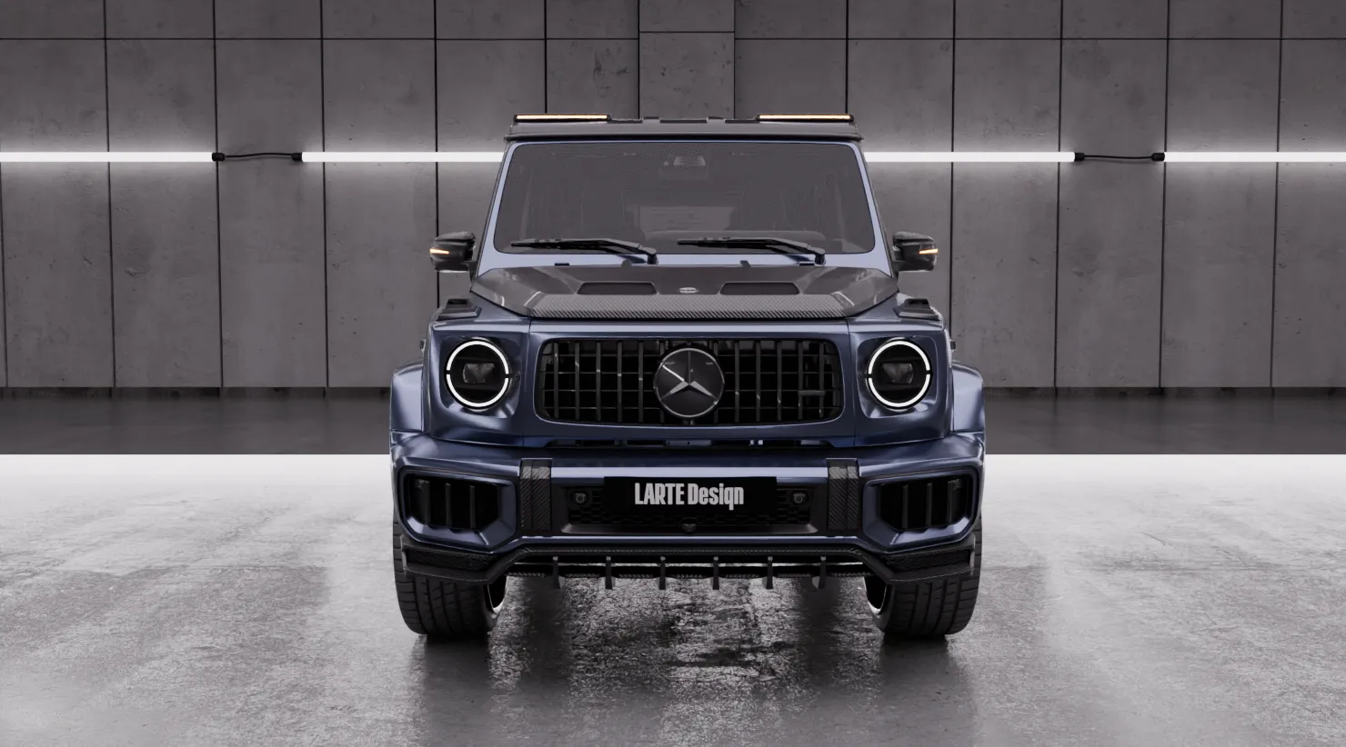 Front view on a MERCEDES G 63 W463 FACELIFT 2024 - 2026 with a body kit giving the car a custom appearance