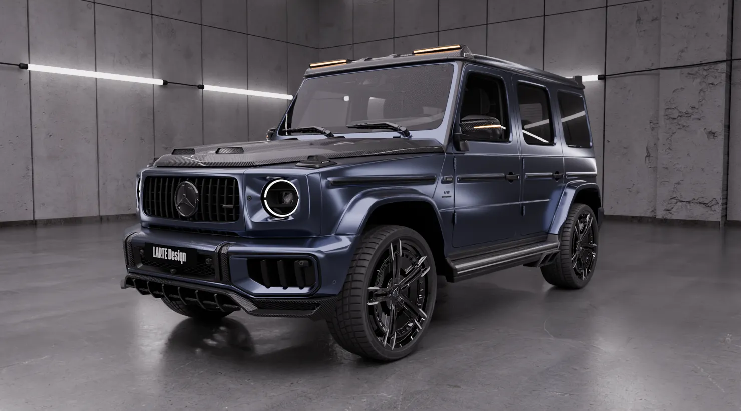 Front angle view on a MERCEDES G 63 W463 FACELIFT 2024 - 2026 with a body kit giving the car a custom appearance