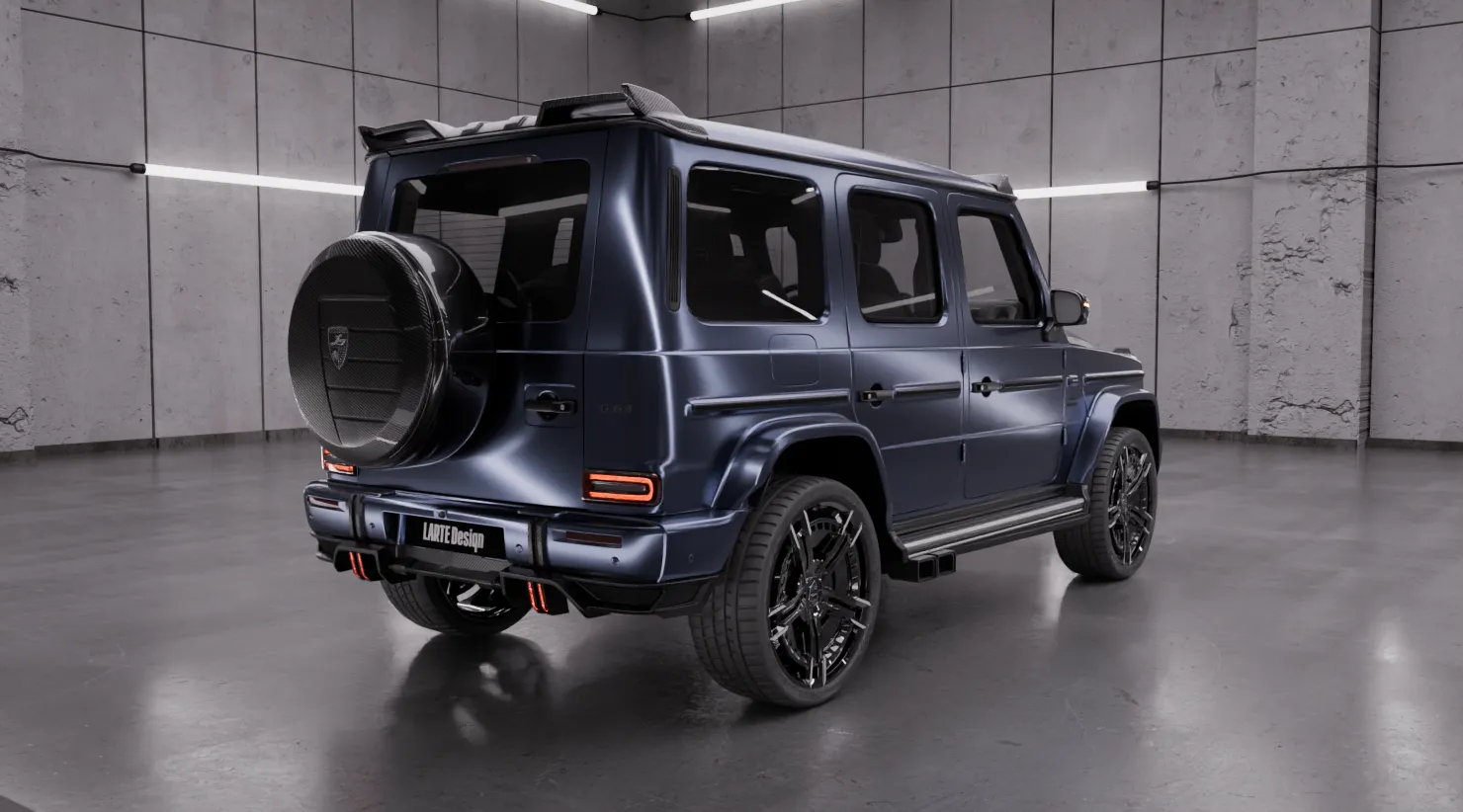 Rear angle view on a MERCEDES G 63 W463 FACELIFT 2024 - 2026 with a body kit giving the car a custom appearance