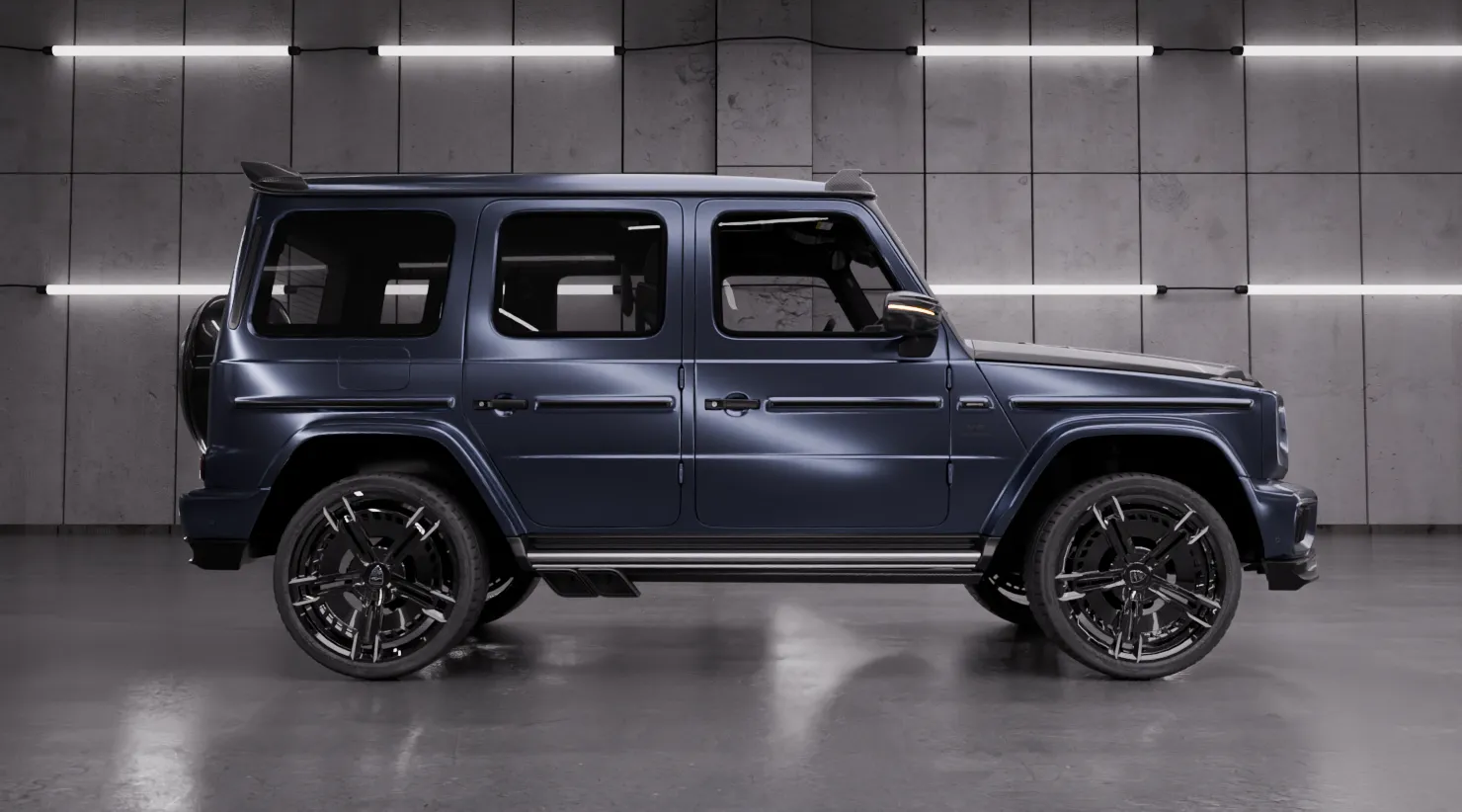 Side view on a MERCEDES G 63 W463 FACELIFT 2024 - 2026 with a body kit giving the car a custom appearance