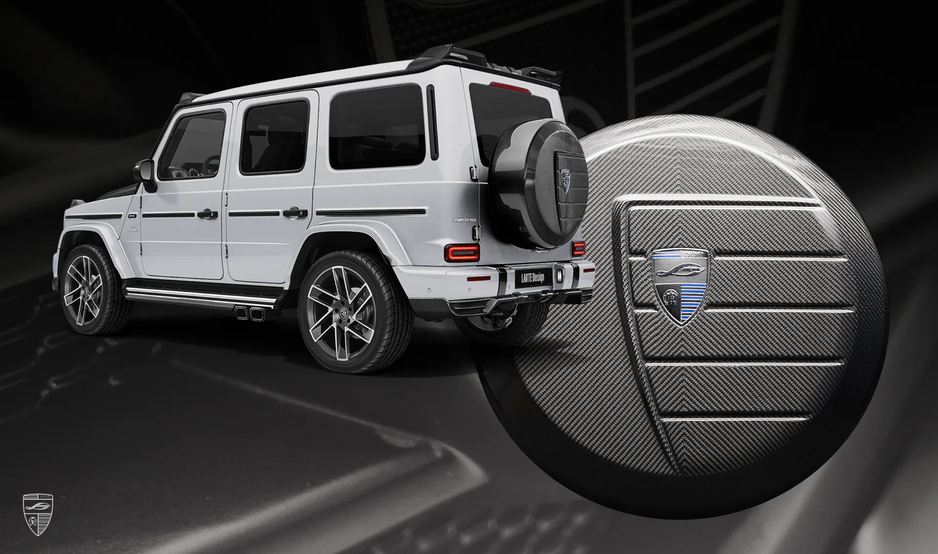 Carbon spare wheel cover upgrade for the luxury car Mercedes G63 AMG W463 from LARTE Design