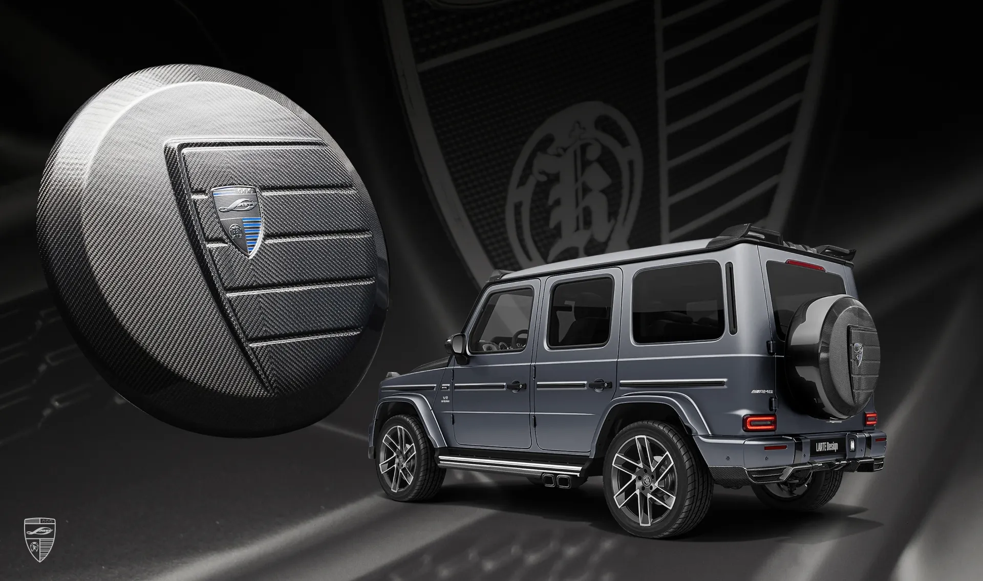 Carbon spare wheel cover upgrade for the family car Mercedes G63 AMG W463 from LARTE Design