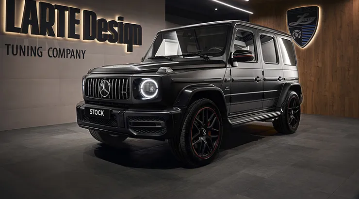 Front angle view on a Mercedes G63 AMG W463 with a body kit giving the car a custom appearance