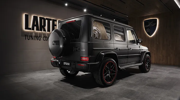 Rear angle view on a Mercedes G63 AMG W463 with a body kit giving the car a custom appearance