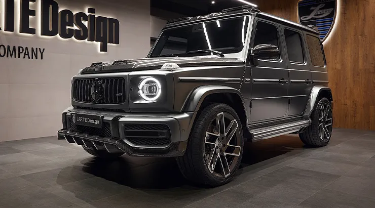 Front angle view on a Mercedes G63 AMG W463 with a body kit giving the car a custom appearance