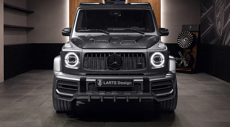 Front view on a Mercedes G63 AMG W463 with a body kit giving the car a custom appearance