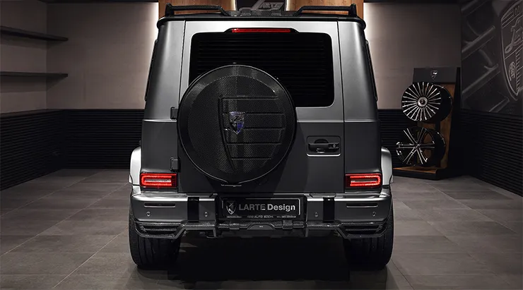 Rear view on a Mercedes G63 AMG W463 with a body kit giving the car a custom appearance