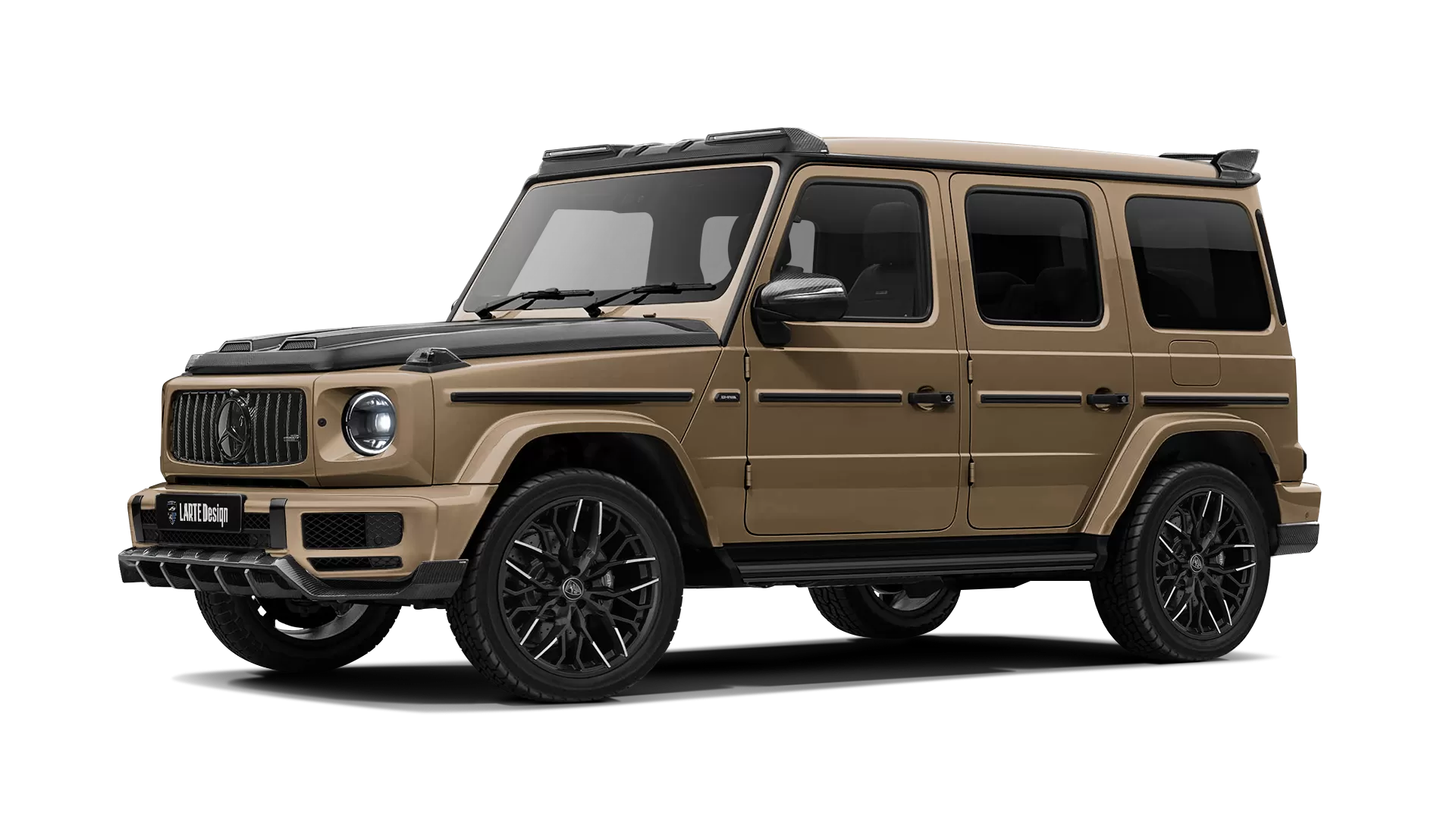 Mercedes G class W463 with carbon body kit: front view shown in Desert Sand