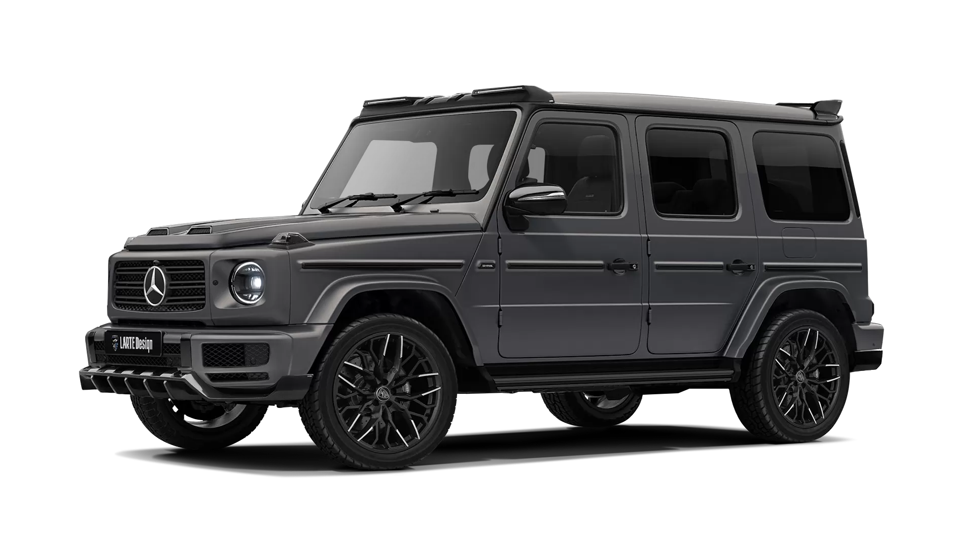 Mercedes G class W463 with painted body kit: front view shown in Monza Grey Magno Latte