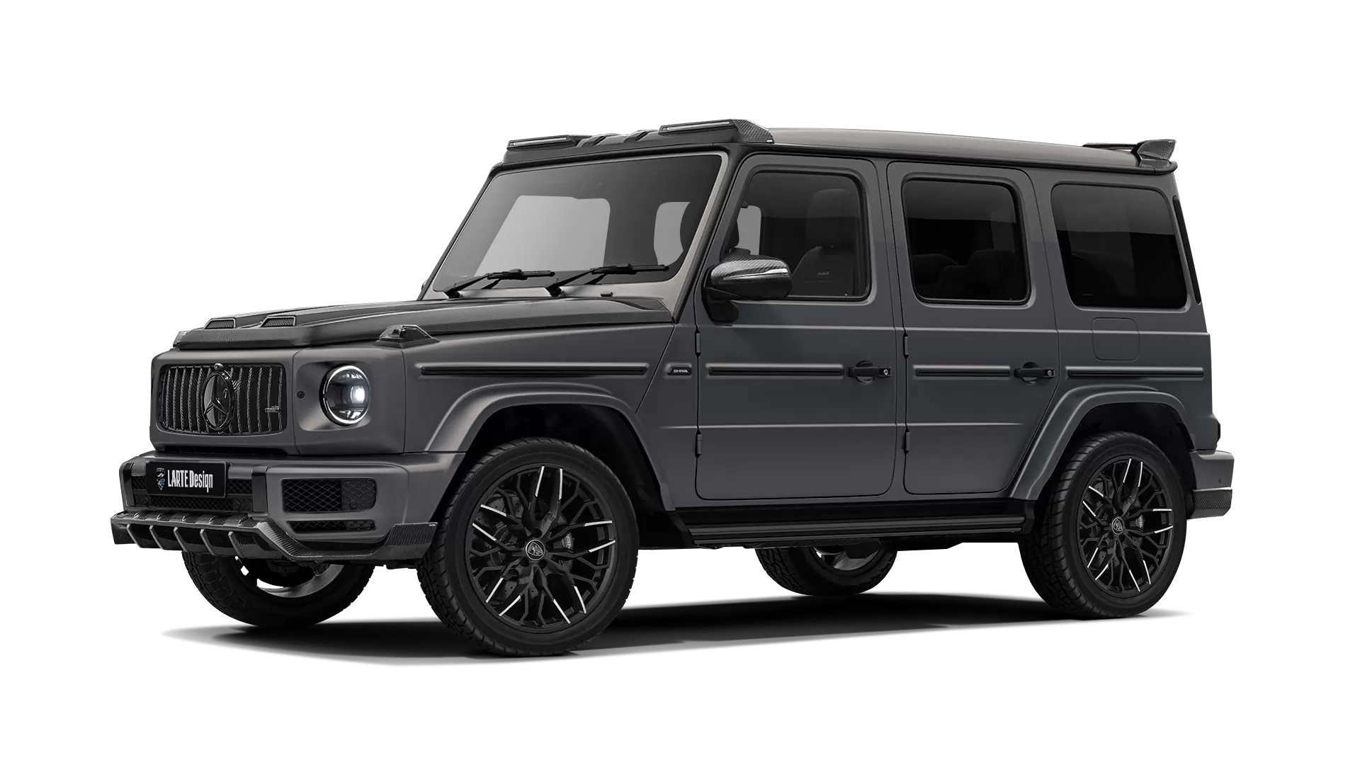 Mercedes G class W463 with carbon body kit: front view shown in Monza Grey Magno Latte
