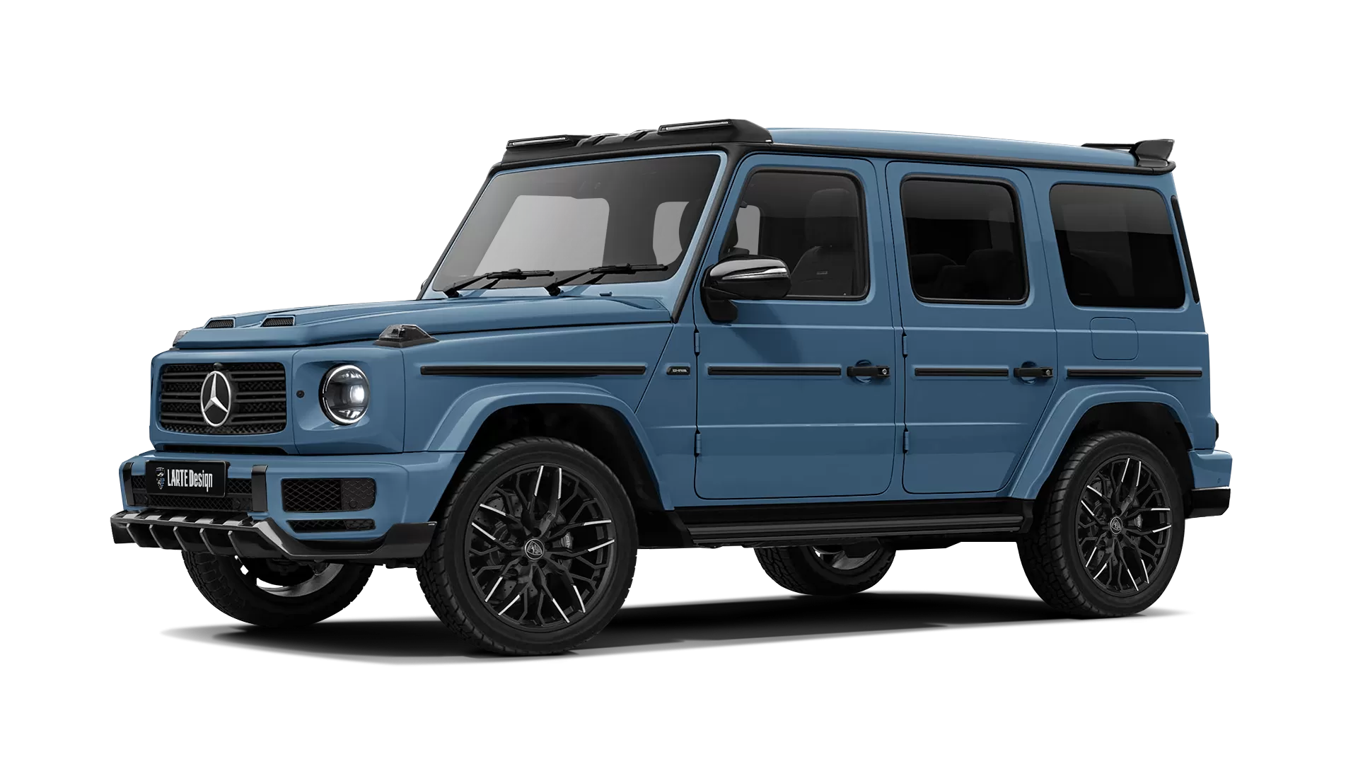 Mercedes G class W463 with painted body kit: front view shown in Vintage Blue