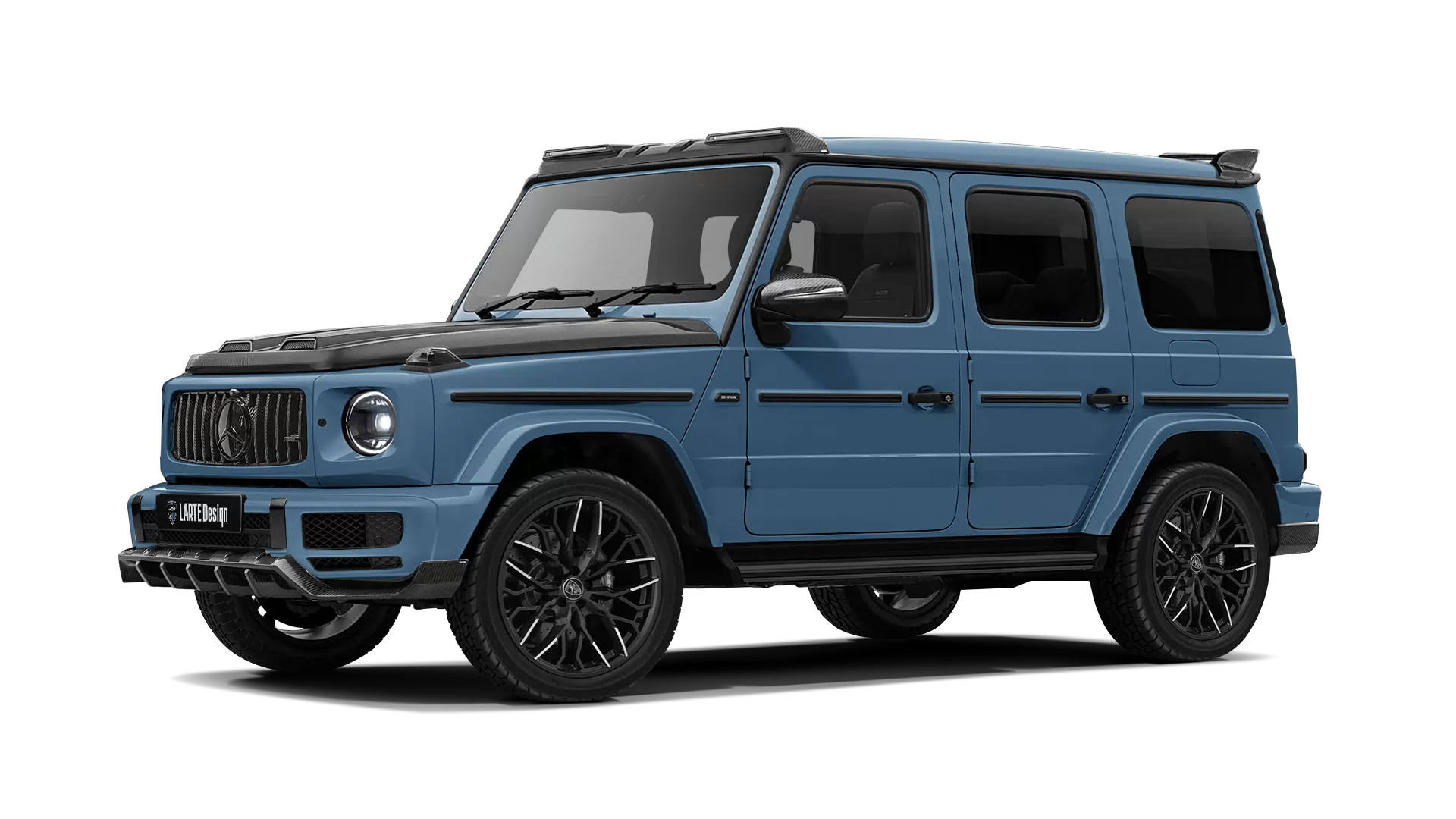 Mercedes G class W463 with carbon body kit: front view shown in Vintage Blue