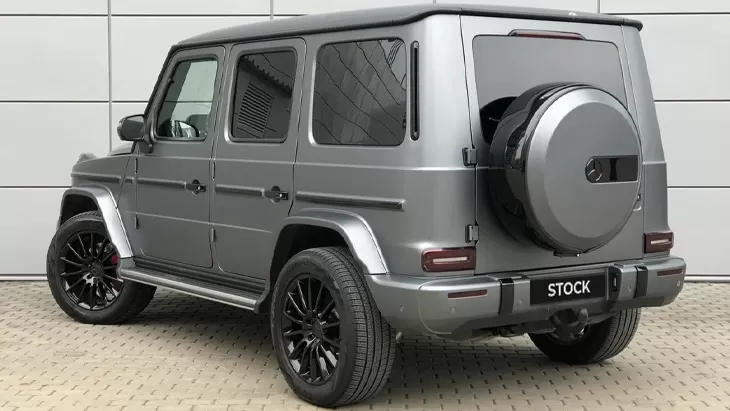 Rear angle view on a Mercedes G class W463 with a body kit giving the car a custom appearance