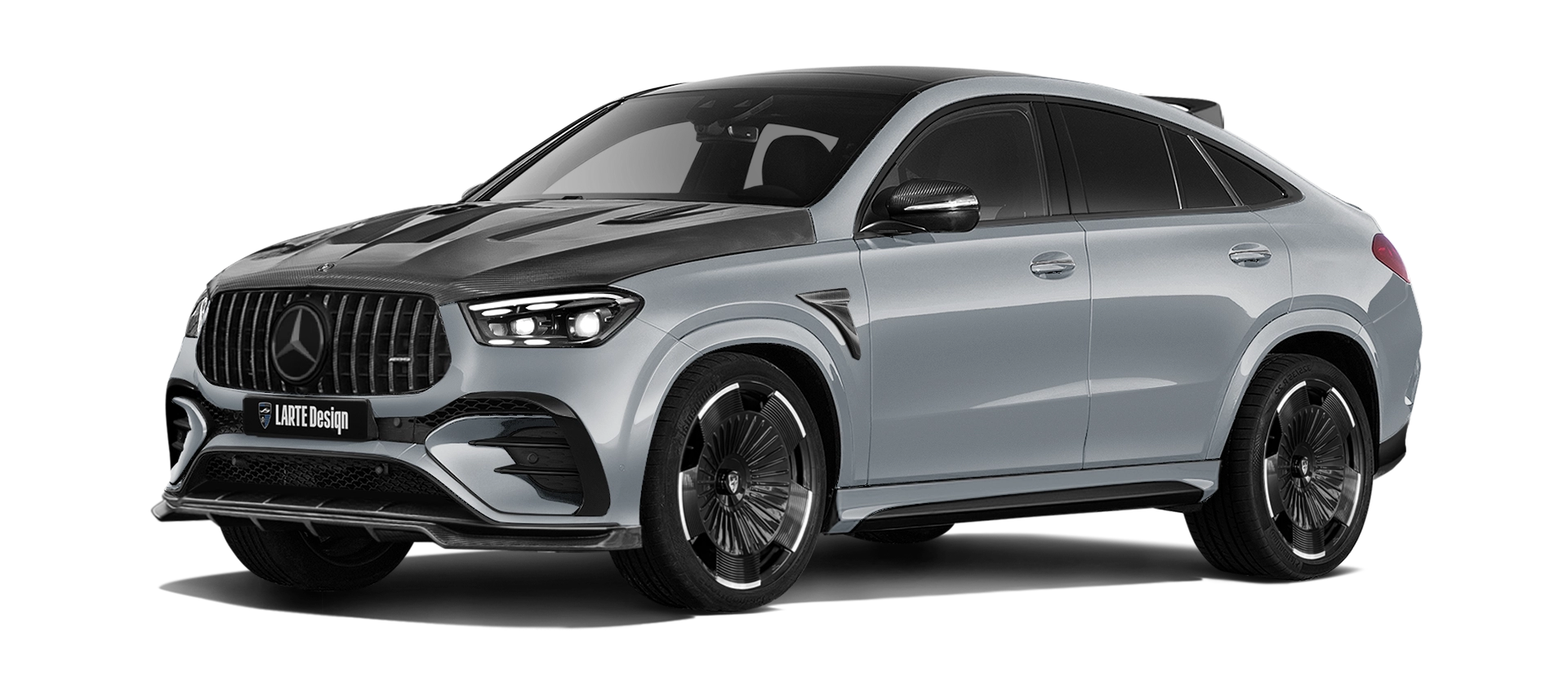 Mercedes GLE Coupe 53 C167 Facelift with carbon body kit: front view shown in High-Tech Silver