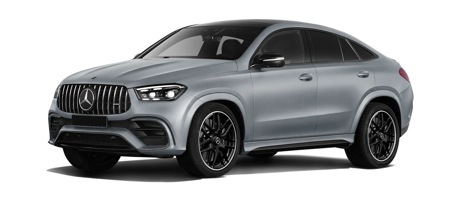 MERCEDES GLE COUPE 63 С167 FACELIFT 2023 - 2026 serienmäßige Frontansicht in High Tech Silver Magno Farbe
