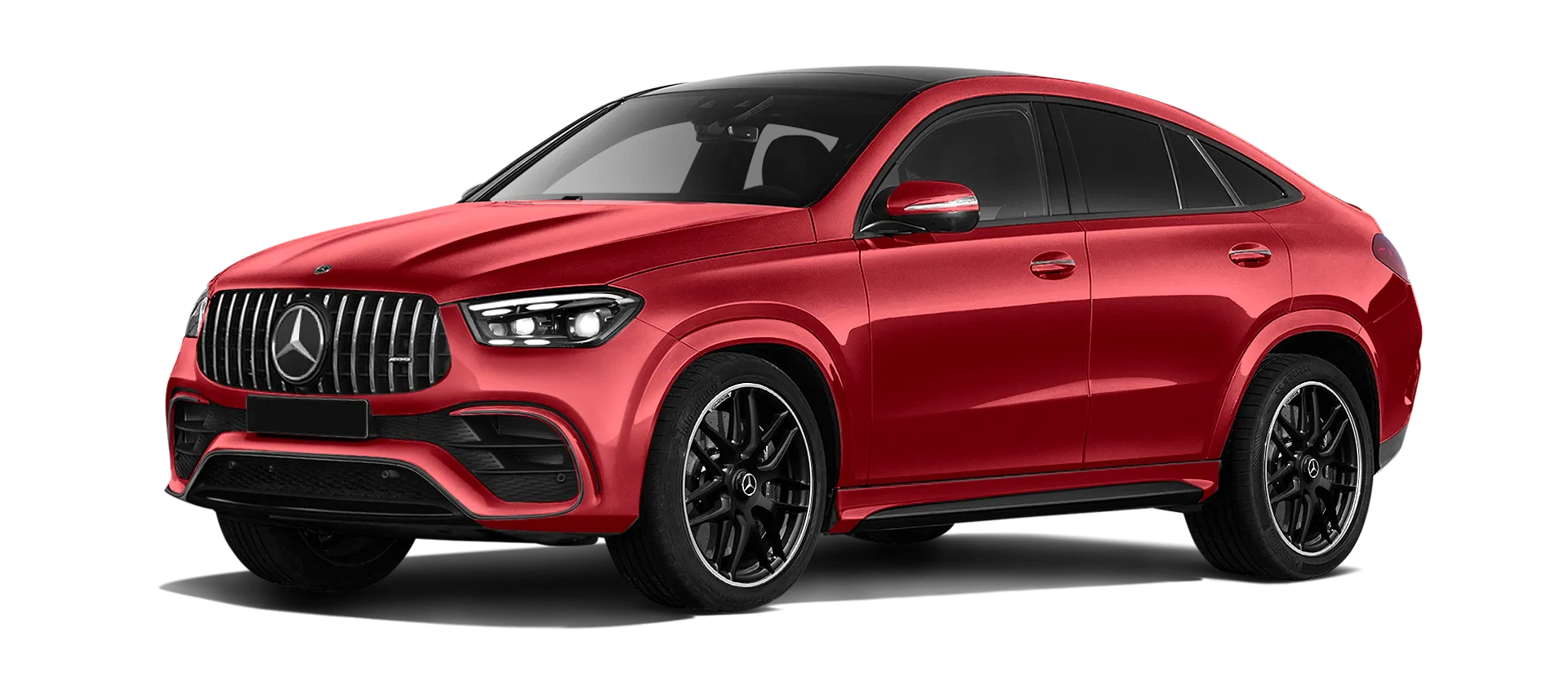 MERCEDES GLE COUPE 63 С167 FACELIFT 2023 - 2026 serienmäßige Frontansicht in Hyacinthe Red Farbe