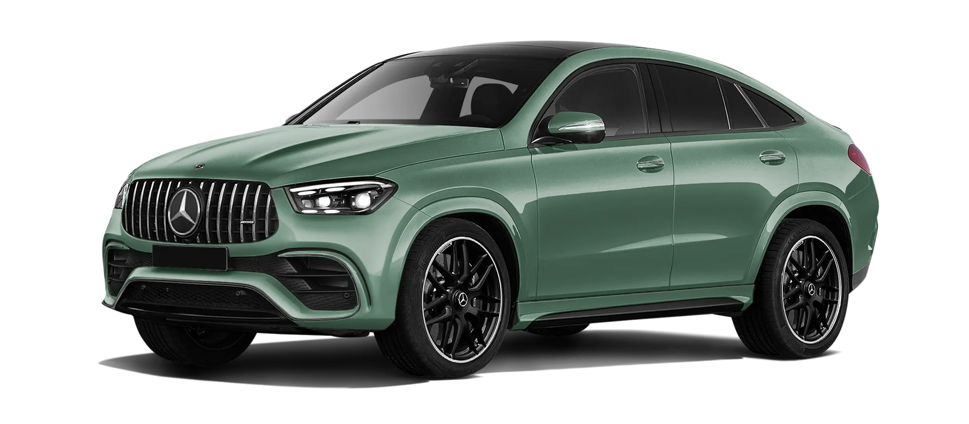 MERCEDES GLE COUPE 63 С167 FACELIFT 2023 - 2026 serienmäßige Frontansicht in Ireland Mid Green Farbe