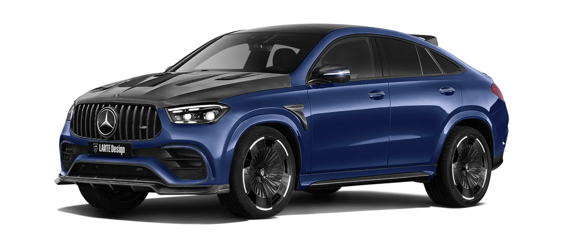 MERCEDES GLE COUPE 63 С167 FACELIFT 2023 - 2026 mit Karbon-Karosserie-Kit: Frontansicht in Mystic Blue