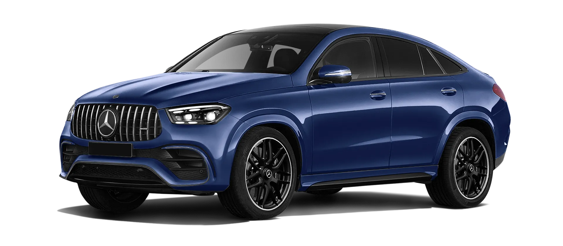 MERCEDES GLE COUPE 63 С167 FACELIFT 2023 - 2026 serienmäßige Frontansicht in Mystic Blue Farbe