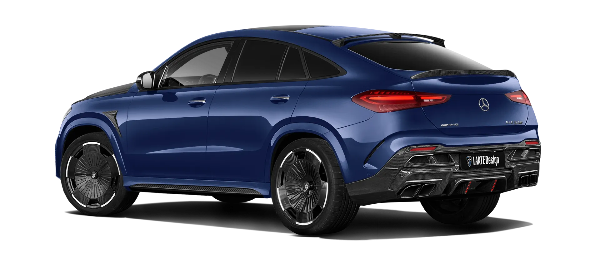MERCEDES GLE COUPE 63 С167 FACELIFT 2023 - 2026 mit Karbon-Karosserie-Kit: Rückansicht in Mystic Blue