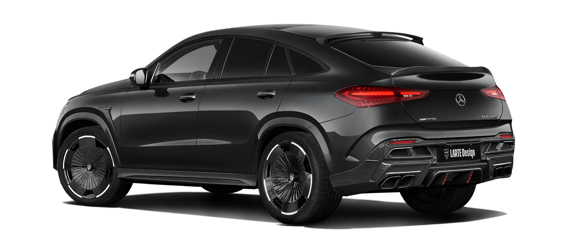 MERCEDES GLE COUPE 63 С167 FACELIFT 2023 - 2026 mit Karbon-Karosserie-Kit: Rückansicht in Obsidian Black