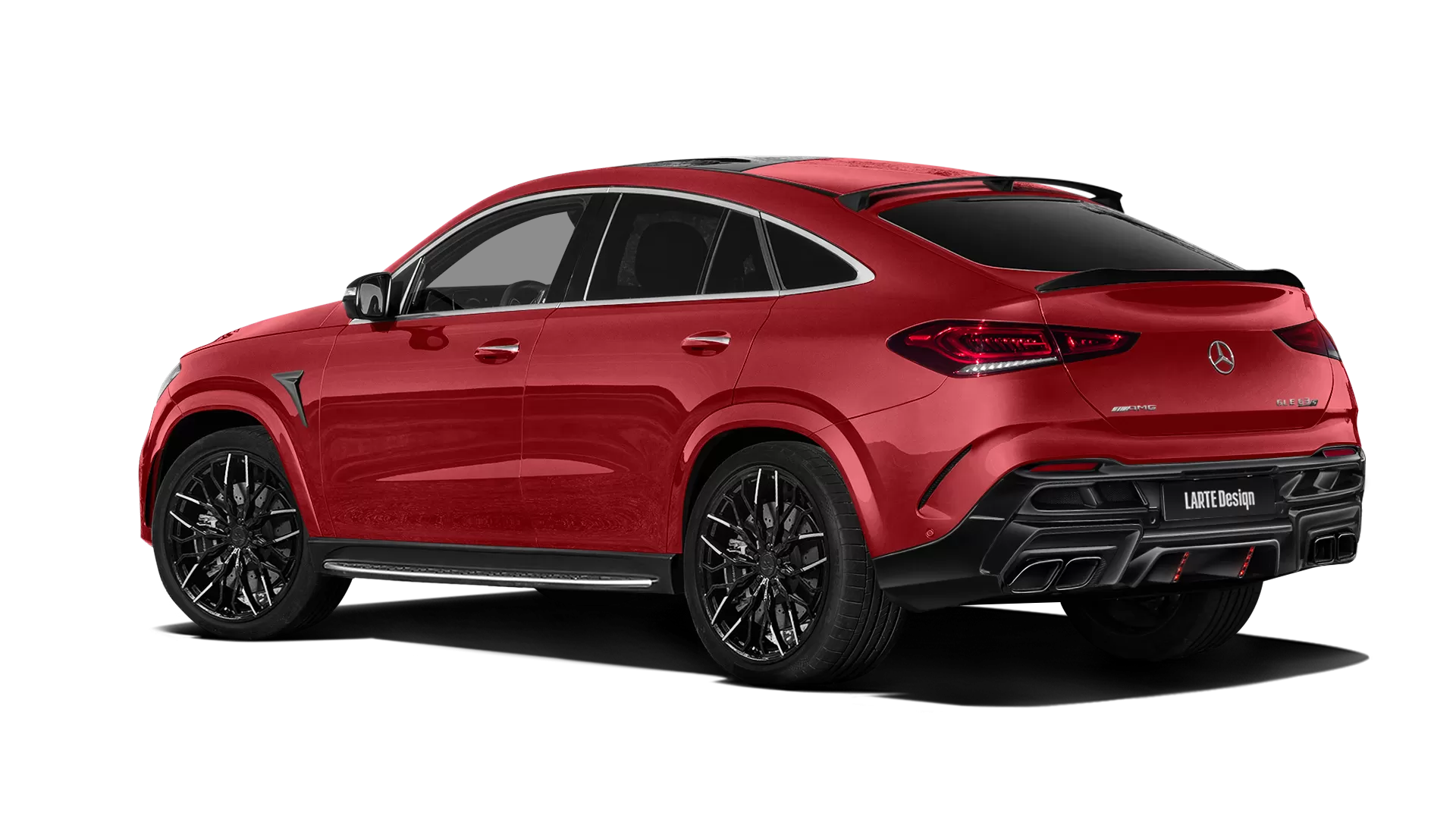 Mercedes GLE Coupe AMG 63 C167 with painted body kit: rear view shown in Hyacinthe Red