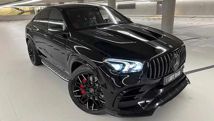 Front angle view on a Mercedes GLE Coupe AMG 63 C167 with a body kit giving the car a custom appearance